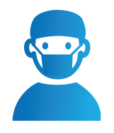 Visual icon of a surgeon wearing scrubs, a surgical hat and a surgical mask.