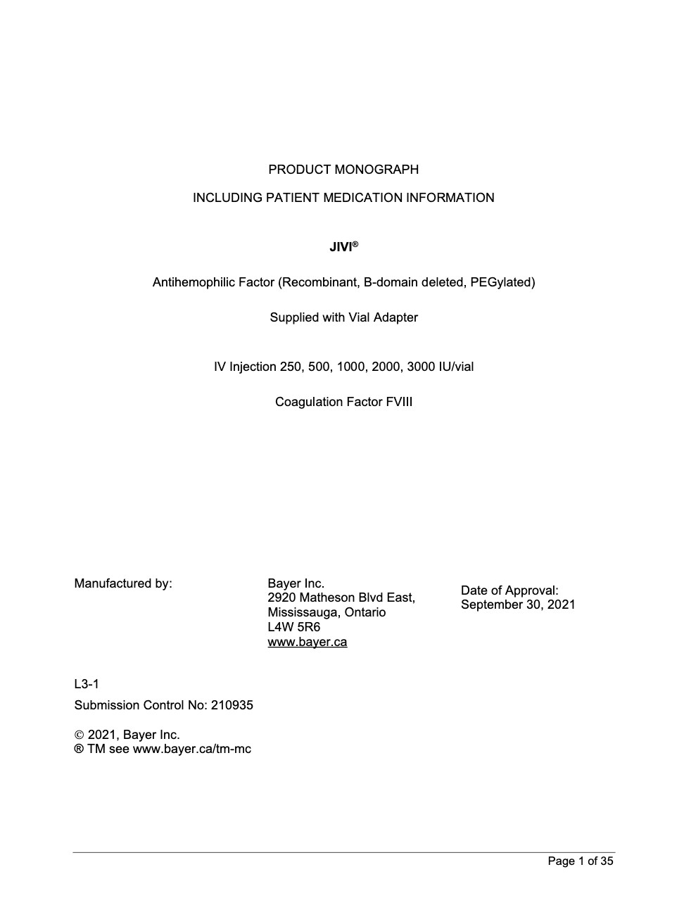 A picture of the Jivi product monograph