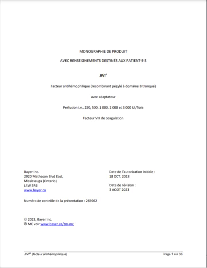 Une photo de la monographie de produit de Jivi