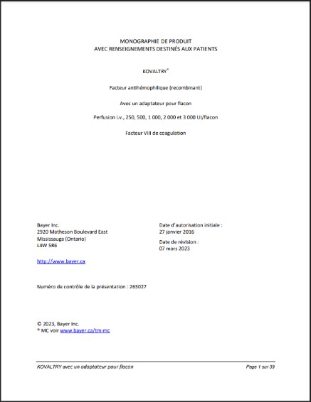 Une photo de la monographie de produit de Kovaltry